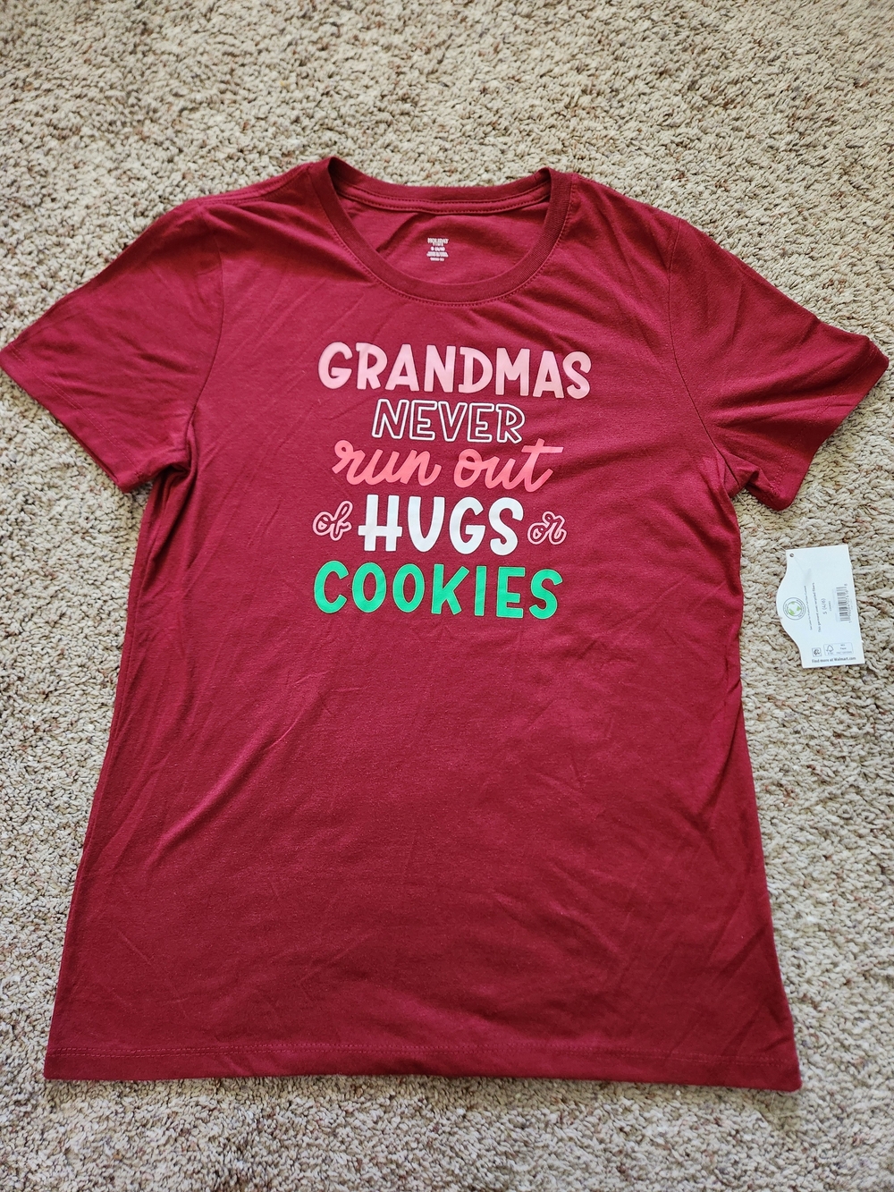 Holiday Time Women's Burgundy Tee with Pink, White & Green Lettering